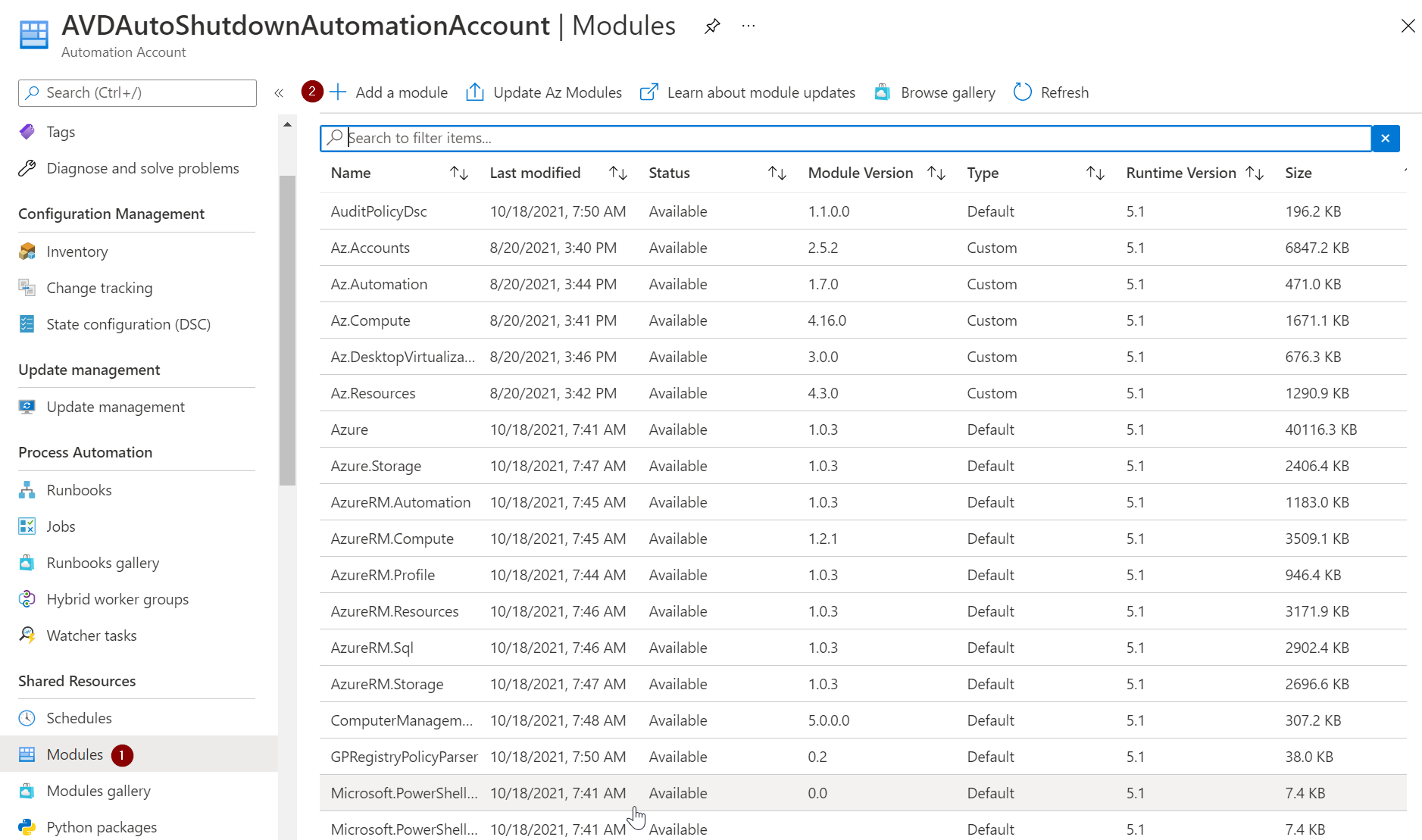 Automation Account modules